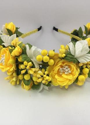 Віночок на голову ручної роботи з жовтих квітів4 фото