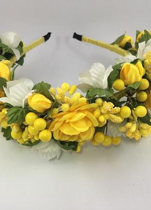 Віночок на голову ручної роботи з жовтих квітів2 фото