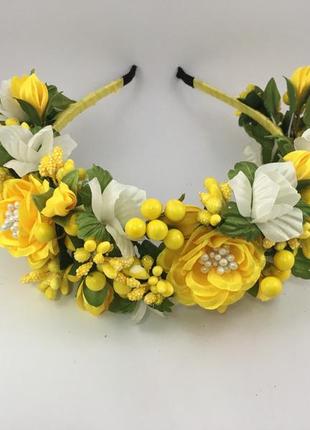 Віночок на голову ручної роботи з жовтих квітів3 фото