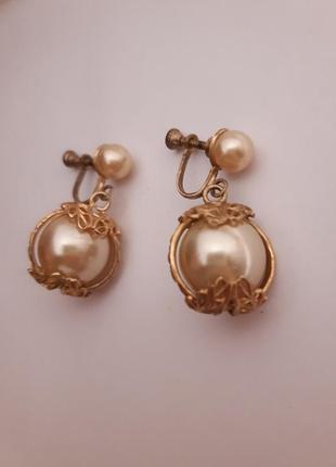 Клипсы на винтах в викторианском стиле,ажурные, жемчужины, винтаж