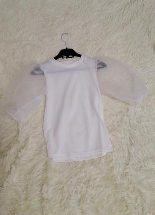 Футболка топ в рубчик пишний рукав з органзи футболка топ в рубчик пышный рукав из  органзы2 фото