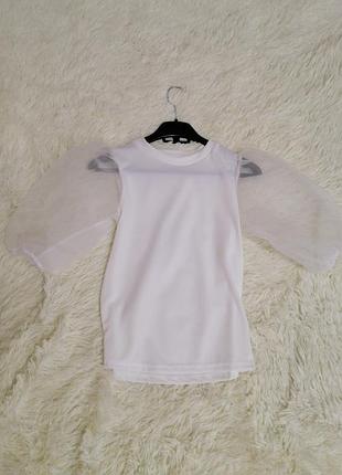 Футболка топ в рубчик пишний рукав з органзи футболка топ в рубчик пышный рукав из  органзы3 фото