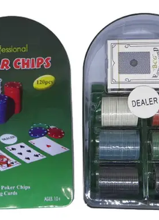 Набір для гри в покер в металевій упаковці 120 фішок 2 колоди карт полотно
