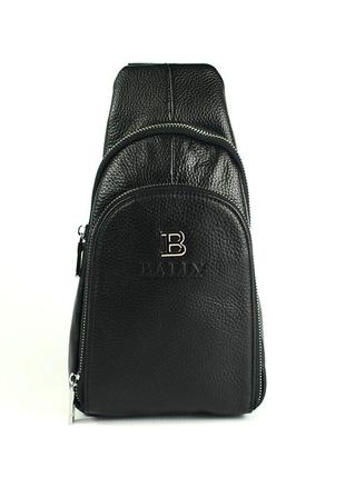 Нагрудная мужская кожаная сумка рюкзак слинг на одно плечо черная модная сумочка из натуральной кожи4 фото