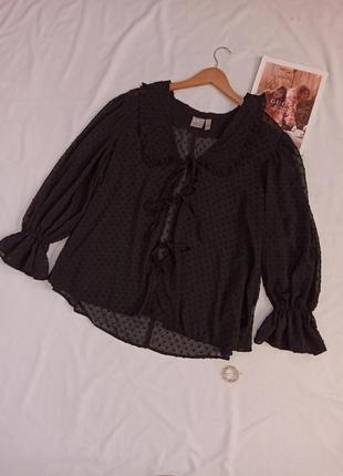 Черная оверсайз блуза с воротником и завязками/полупрозрачная/в горошек/свободного кроя4 фото
