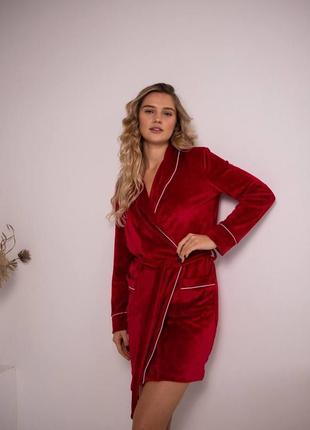 Бордо/красный натуральный вельровый короткий халат шаль на запах s-l4 фото