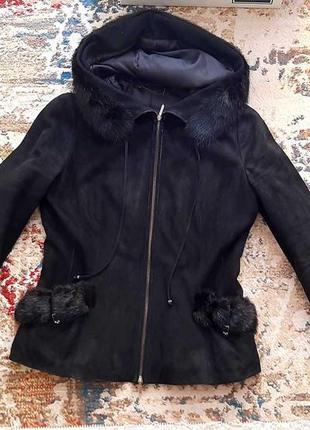 Замшева куртка з норкою чорна, розмір s