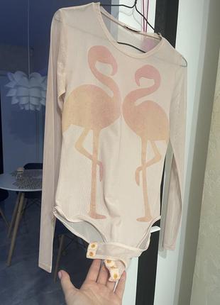 Прозрачный бодик с фламинго на груди