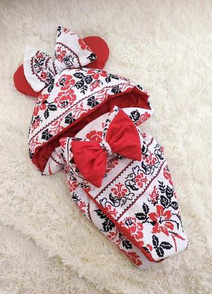 Демісезонний комплект з принтом вишиванка для новонароджених дівчаток, білий з червоним3 фото