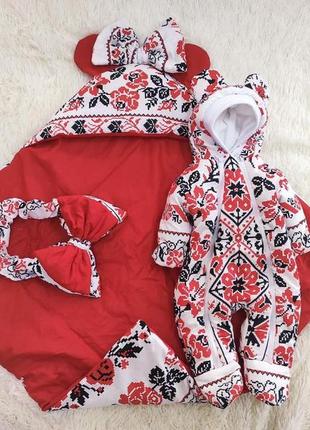 Демісезонний комплект з принтом вишиванка для новонароджених дівчаток, білий з червоним7 фото