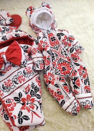Демісезонний комплект з принтом вишиванка для новонароджених дівчаток, білий з червоним2 фото