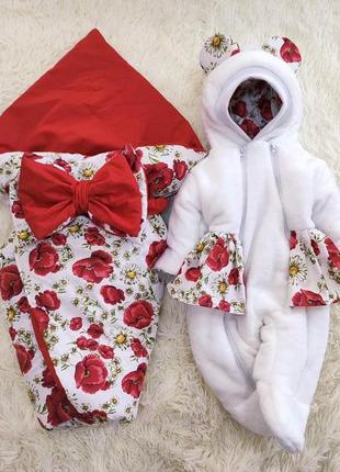 Демисезонный комплект с принтом цветы маки, для новорожденных девочек2 фото