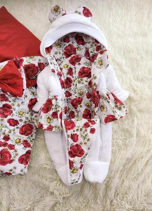 Демисезонный комплект с принтом цветы маки, для новорожденных девочек6 фото