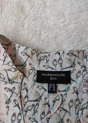 Разноцветная белая натуральная шелковая блуза рубашка шелк с принтом рисунком птицами warehouse silk8 фото