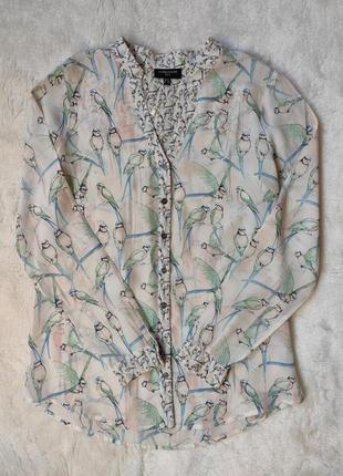 Різнобарвна біла натуральна шовкова блуза сорочка шовк із принтом малюнком птахамиwarehouse silk