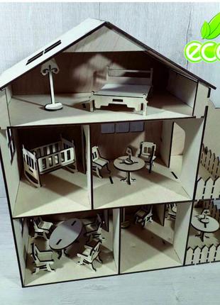 Кукольный домик с мебелью. домик из дерева