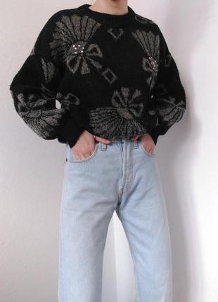 Винтажный свитер джемпер винтаж пуловер реглан лонгслив кофта свитер черный винтж джемпер укороченный цветы5 фото