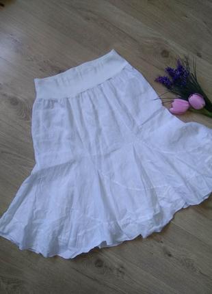 Белая льняная миди юбка с трикотажным поясом/женская летняя юбка лён1 фото