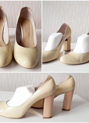 Кожаные бежевые лаковые туфли на зеркальном каблуке 40 размера