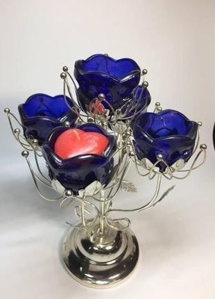 Подсвечник декор для 5-и свечей 30 см. статуетка фигурка синий букет цветы н12782 фото