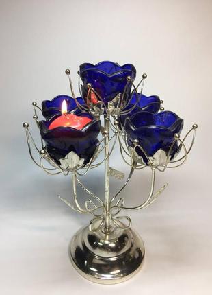 Подсвечник декор для 5-и свечей 30 см. статуетка фигурка синий букет цветы н1278