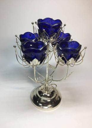 Подсвечник декор для 5-и свечей 30 см. статуетка фигурка синий букет цветы н1278
