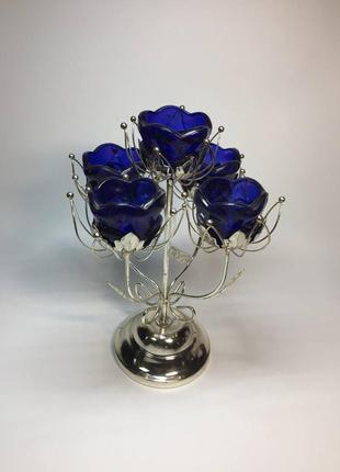 Подсвечник декор для 5-и свечей 30 см. статуетка фигурка синий букет цветы н1278
