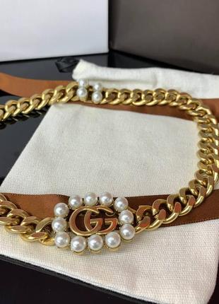 Розкішне брендове кольє в позолоті з перлами та логотипом, люкс якість!