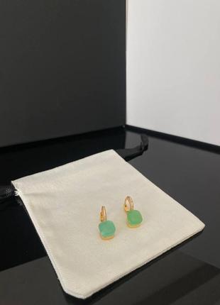 Серьги помеллато италия на английском замочке, позолота с цирконами и камнем цвета аквамарин
