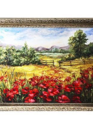 Картина пейзаж живопис в рамі "поле з маками", олія, полотно, 45х60 см