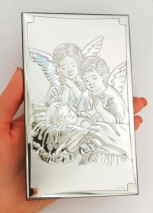 Серебряный образ икона ангел хранитель на коричневой деревяной основе 15,5смх9,5см
