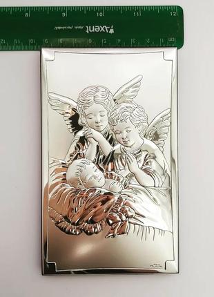 Серебряный образ икона ангел хранитель на коричневой деревяной основе 15,5смх9,5см5 фото