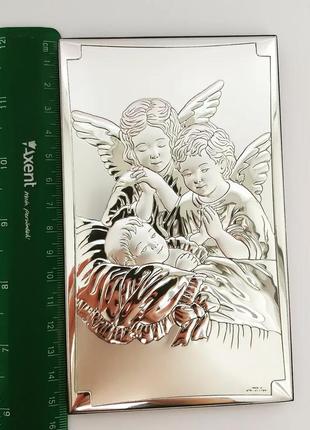 Серебряный образ икона ангел хранитель на коричневой деревяной основе 15,5смх9,5см4 фото
