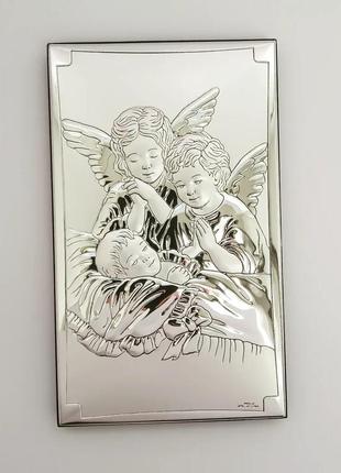 Серебряный образ икона ангел хранитель на коричневой деревяной основе 15,5смх9,5см2 фото