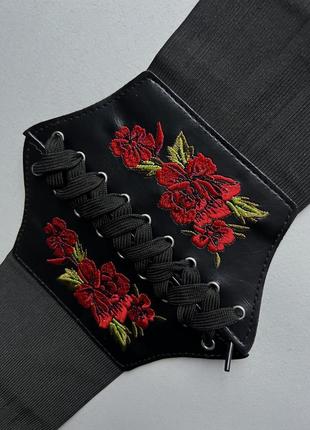 Пояс широкий на талию женский черный, ремень-корсет с вышивкой