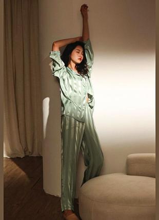 Атласна піжама костюм у смужку едем july's song розмір m 44 оливковий2 фото