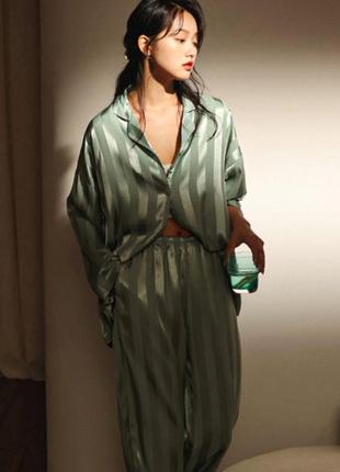 Атласна піжама костюм у смужку едем july's song розмір xxl 50 оливковий9 фото