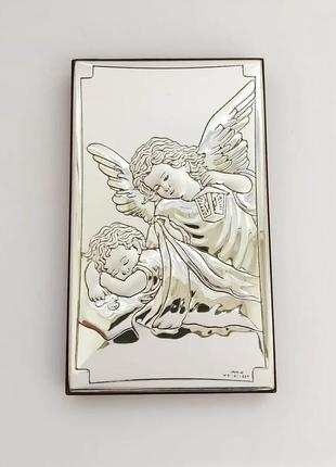 Серебряный образ икона ангел хранитель на коричневой деревяной основе 11,5смх7см