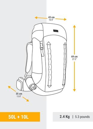 Жіночий туристичний рюкзак для трекінгу forclaz mt900 (50л + 10л) 69 x 43 x 35см з дощовиком синій3 фото