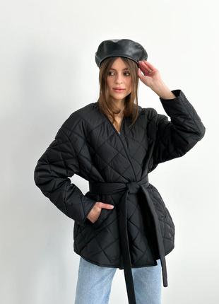 Дутая стеганая куртка курточка кимоно с поясом