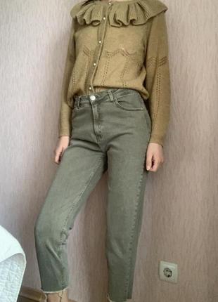 Джинсы хаки, зеленые джинсы на высокой посадке4 фото