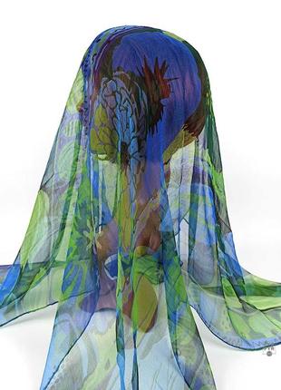 Тончайший шелковый газовый платок хустка 100% шелк синий зеленый новый качественный
