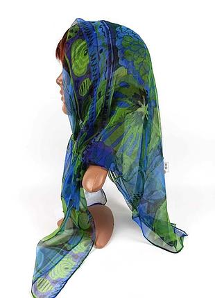 Тончайший шелковый газовый платок хустка 100% шелк синий зеленый новый качественный