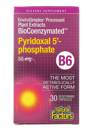 Natural factors, biocoenzymated, витамин b6, пиродоксал 5' фосфат, 50 мг, 30 вегетарианских капсул