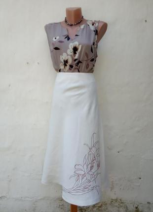 Льняная юбка макси а силуэт с вышевкой цветок,кэжуал,колокол.