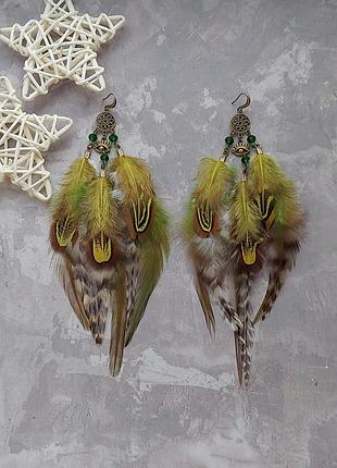 Бохо сережки з пір'ям на кліпсах або застібці