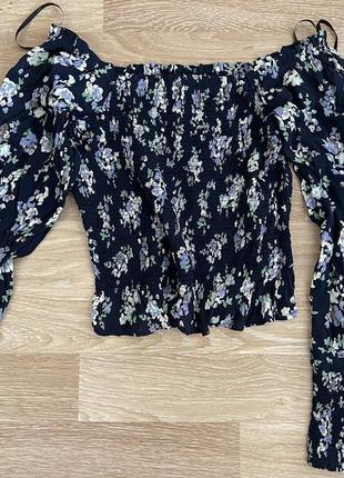 Блуза цветы объемный рукав топ на резинках