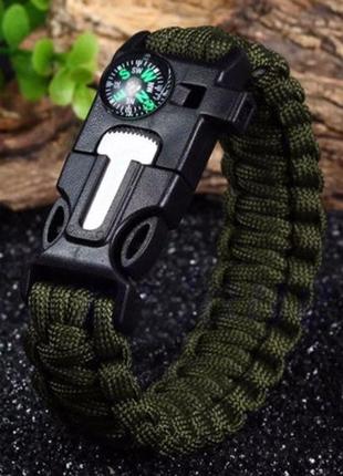Паракордовый браслет для выживания с огнивом свистком компасом. edc браслет из паракорда зеленый.9 фото
