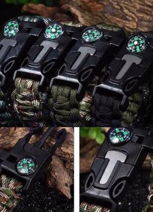 Паракордовый браслет для выживания с огнивом свистком компасом. edc браслет из паракорда зеленый.7 фото