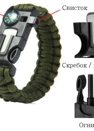 Паракордовый браслет для выживания с огнивом свистком компасом. edc браслет из паракорда зеленый.6 фото
